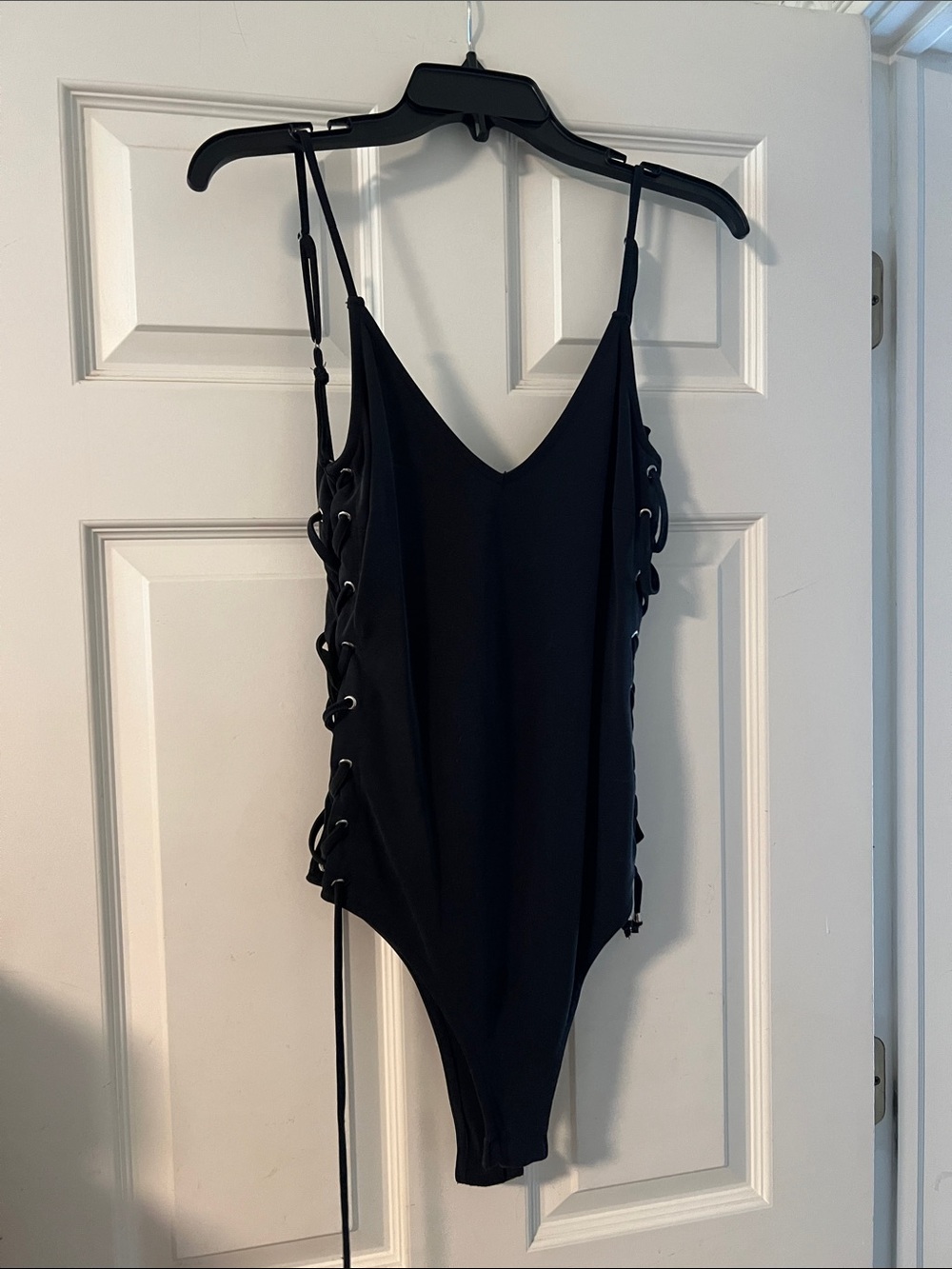Black Lace-Up Side Bodysuit with Spaghetti Straps